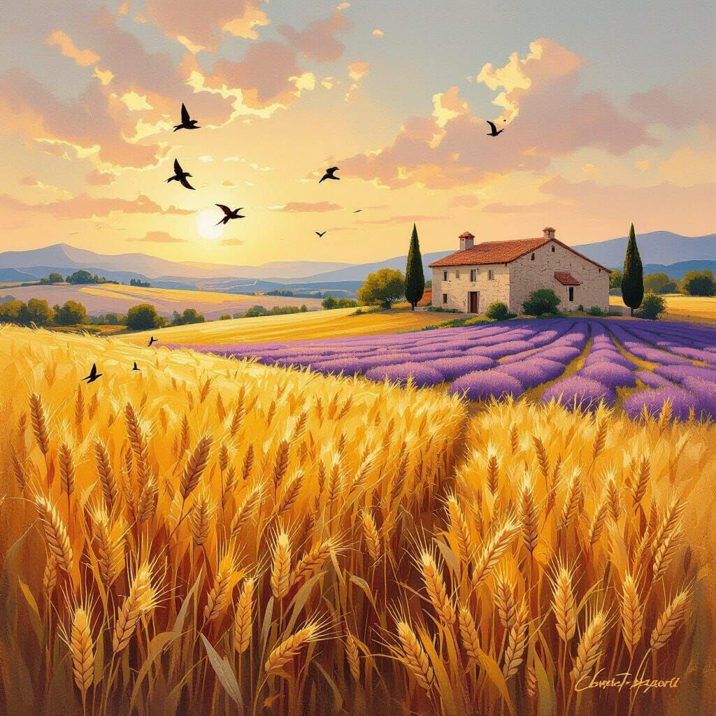 Golden Wheatfield with Farmhouse at Sunset in Neo-Impression...