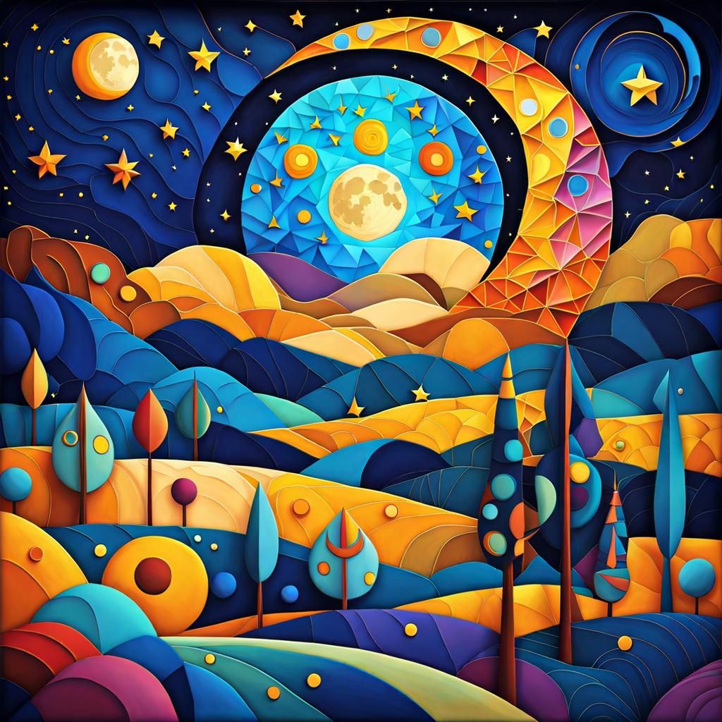 Smiling Moon Over Zoo in Psychedelic Painterly Style