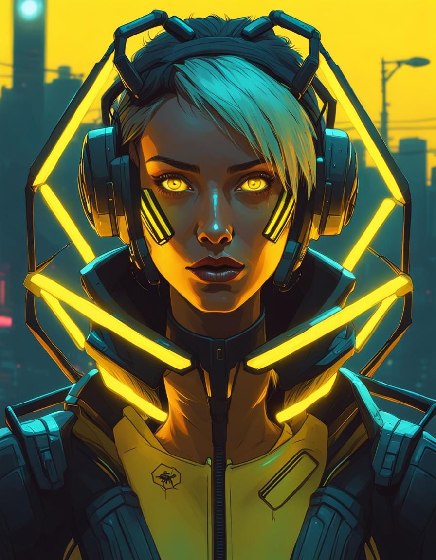 Cyberpunk Bee Woman with Glowing Eyes