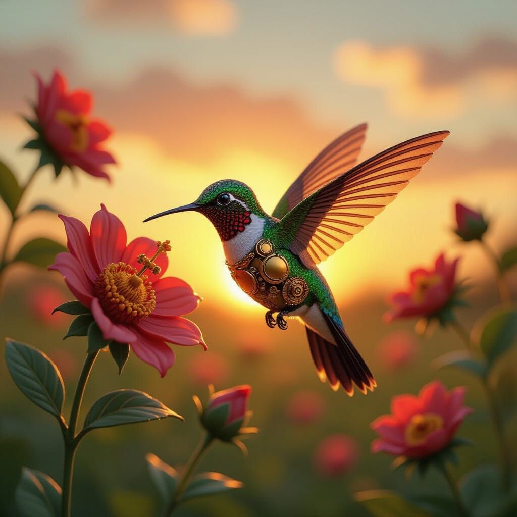 Steampunk Hummingbird Sipping Nectar in Ghibli Style