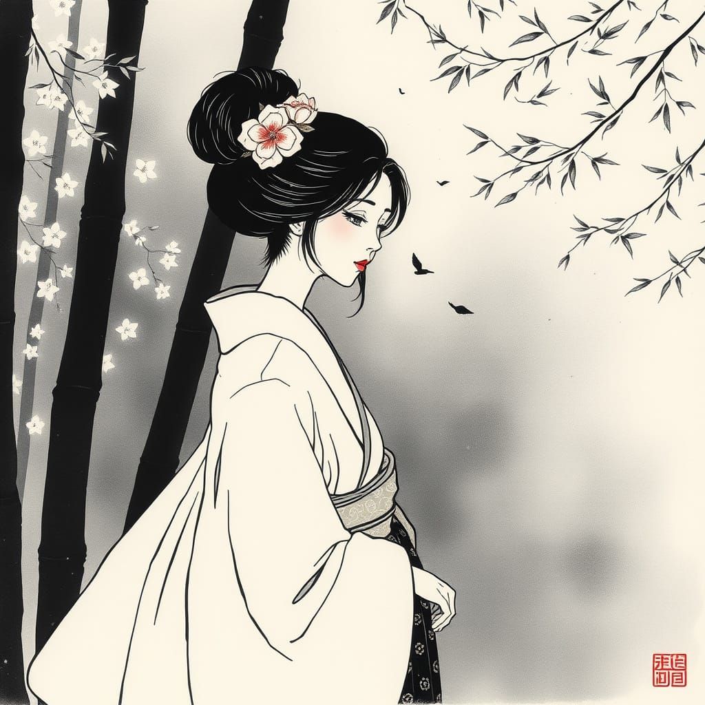 Serene Japanese Maiden in Misty Forest