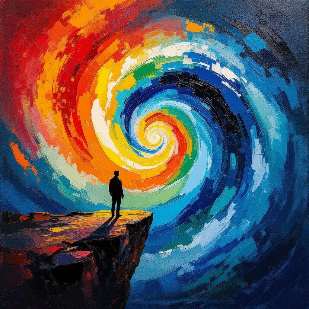 Vibrant Vortex: Abstract Expressionist Figure on Precipice