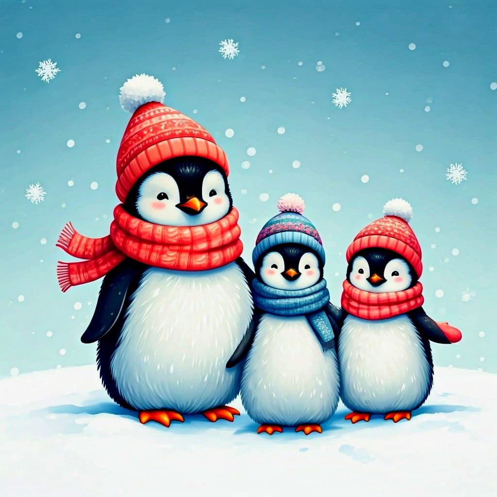 Cute Penguins Play in the Snow