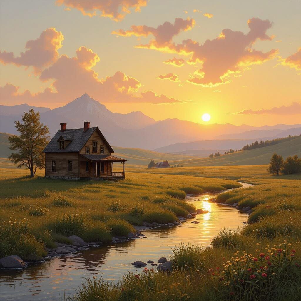 Pioneer House on the Prairie at Sunset