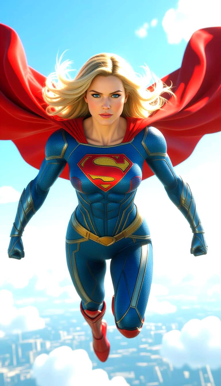 Supergirl Soars Through Cloudy Sky in Sci-Fi Style