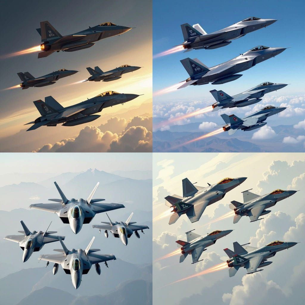 F-22, F-117 Blackhawk, and F/A-18 Hornet Aircraft