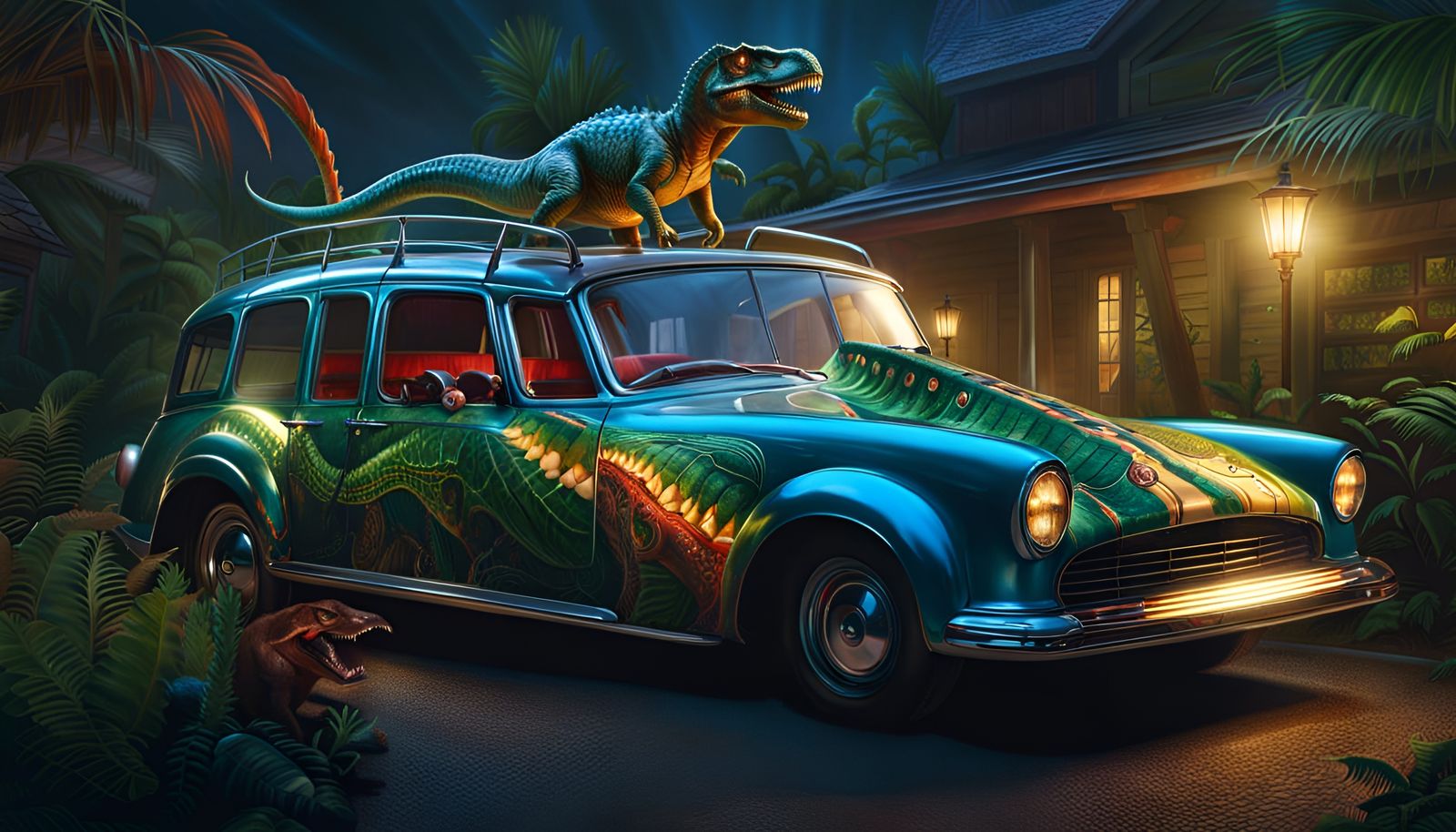 Hyper-Detailed Dinosaur Car in Digital Illustration