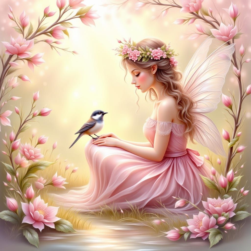 Ethereal Fairy in Sun-Dappled Meadow with Sparrow