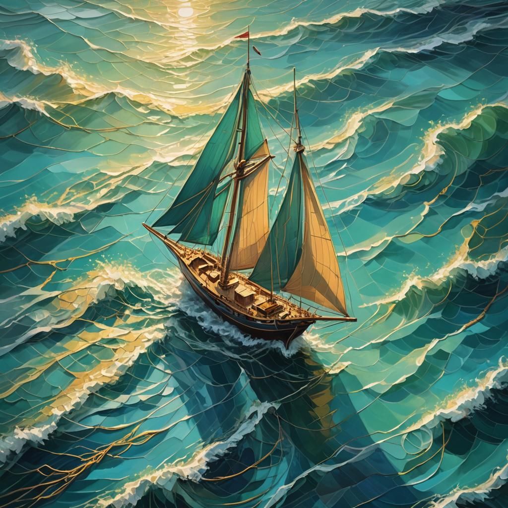 String Boat on Stormy Sea: Oil Painting Style