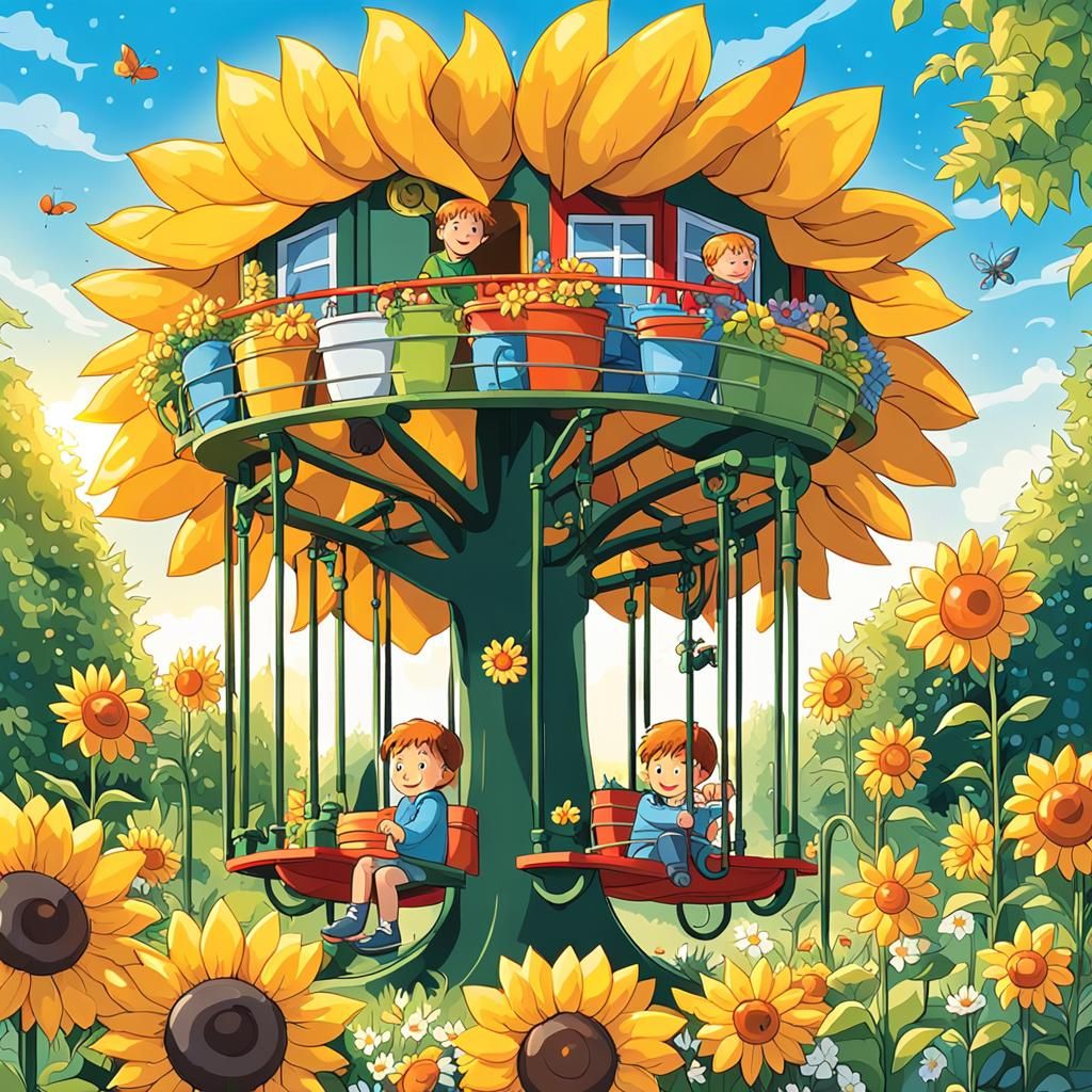 Sunflower Carousel with Children in a Fantasy Garden