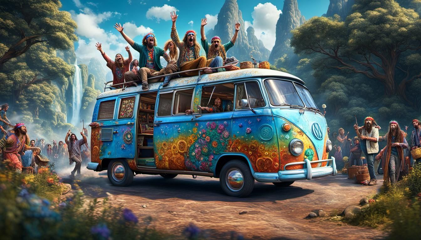 hippies on tour in their hippie van