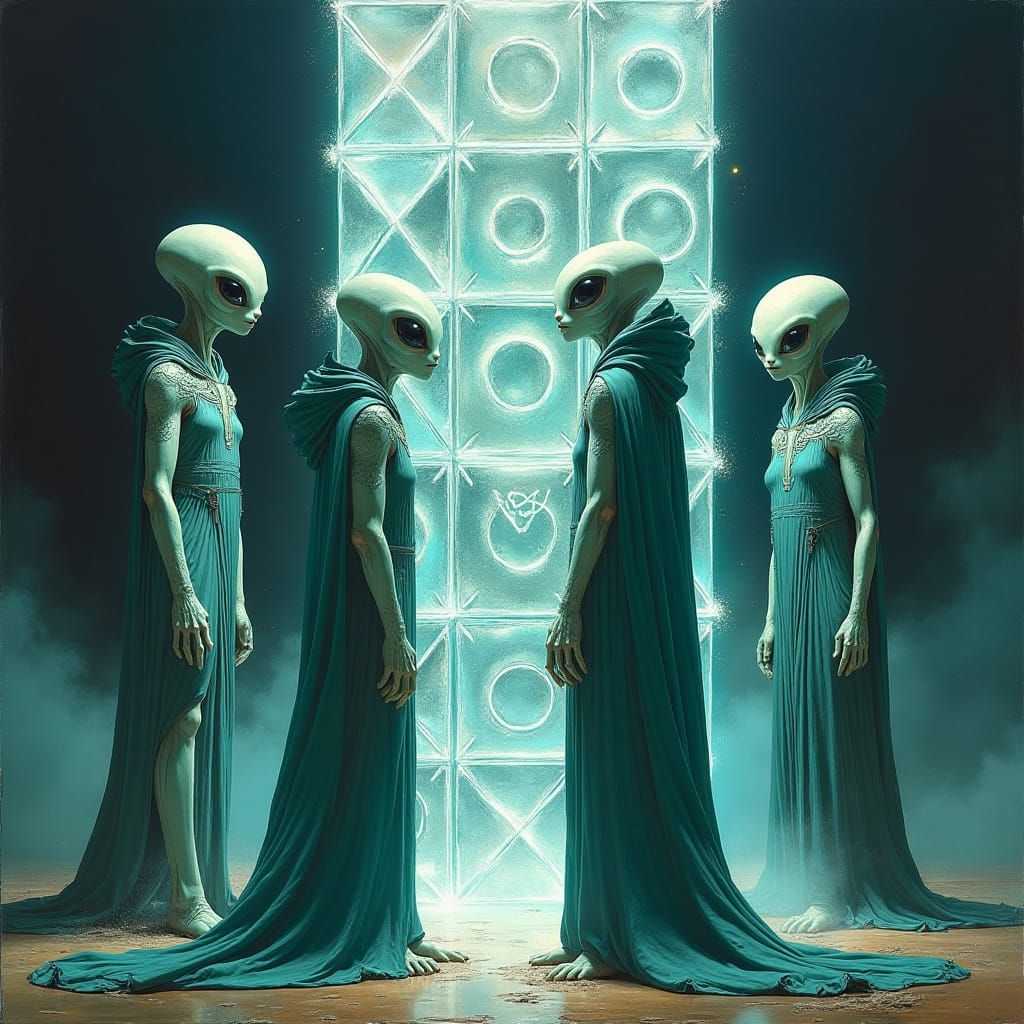 Aliens Play Tic-Tac-Toe in Matte Painting Style