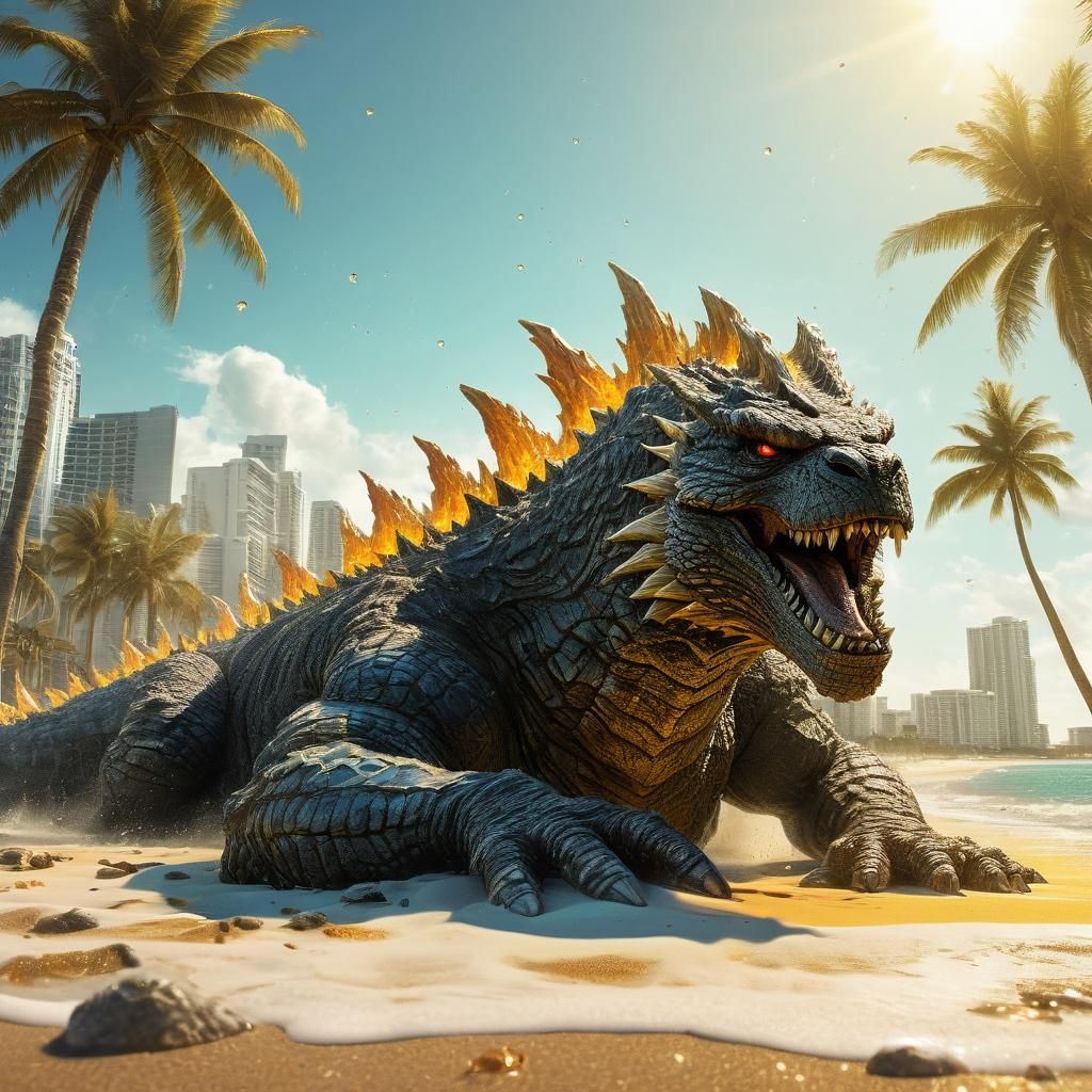 Godzilla Sunbathing in Miami, Vibrant Comics Style