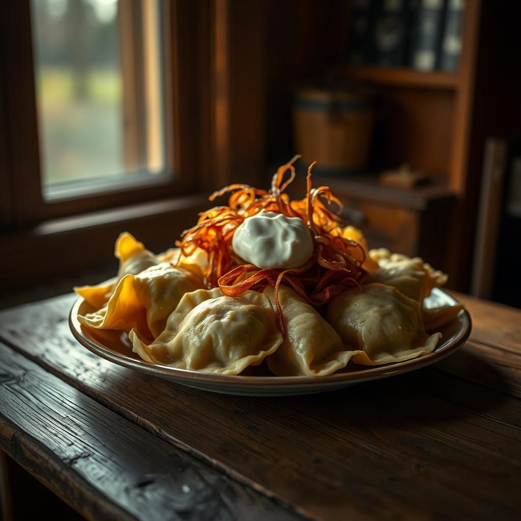 Golden Pierogi Plate in Moody Cinematic Lighting