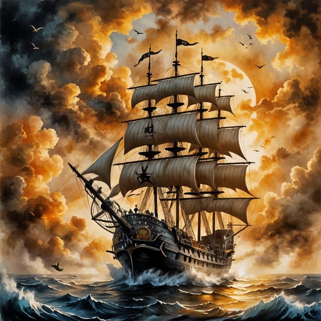 Flying Pirate Ship Soaring Through Clouds