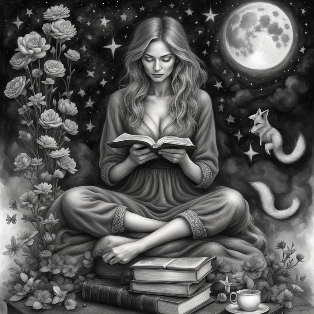 Magician's Serenity: Charcoal Drawing of Peace and Magic