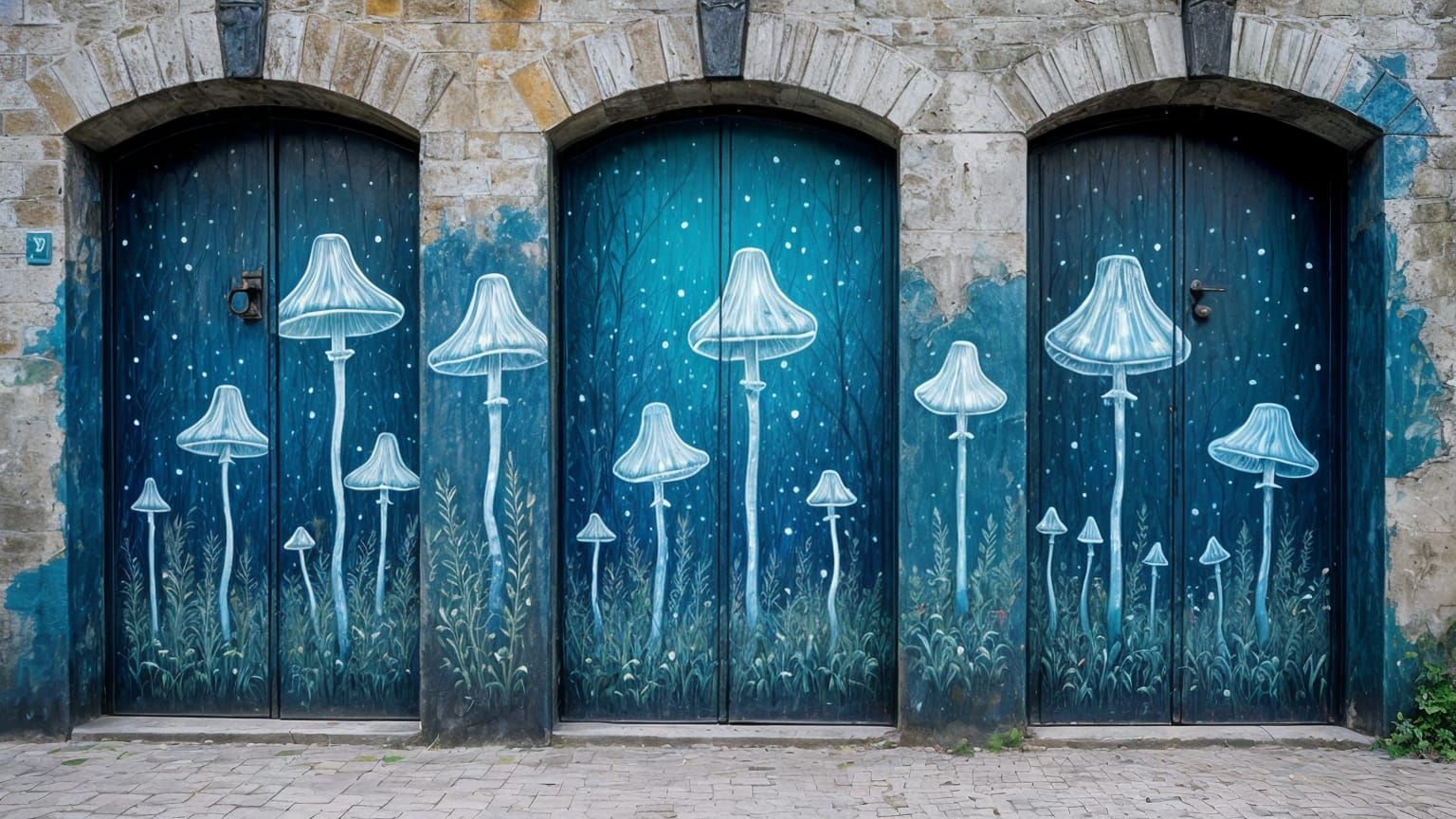 Surreal Mural of Glowing Mushrooms in Forest