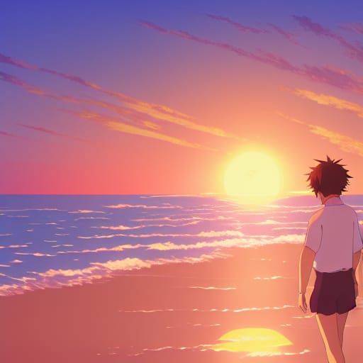Romantic Sunset Beach Scene in Anime Style