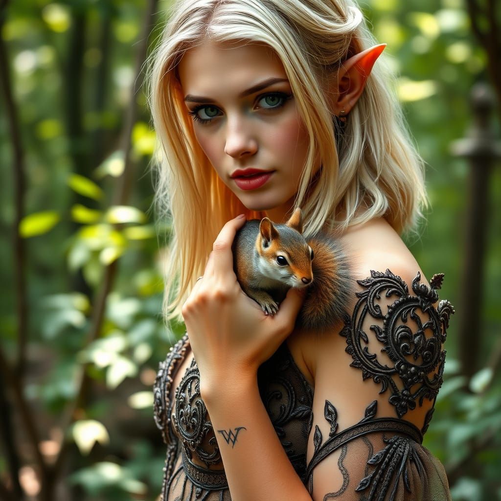 Feminine Elf Maiden in Lush Forest, Captured in Cinematic St...