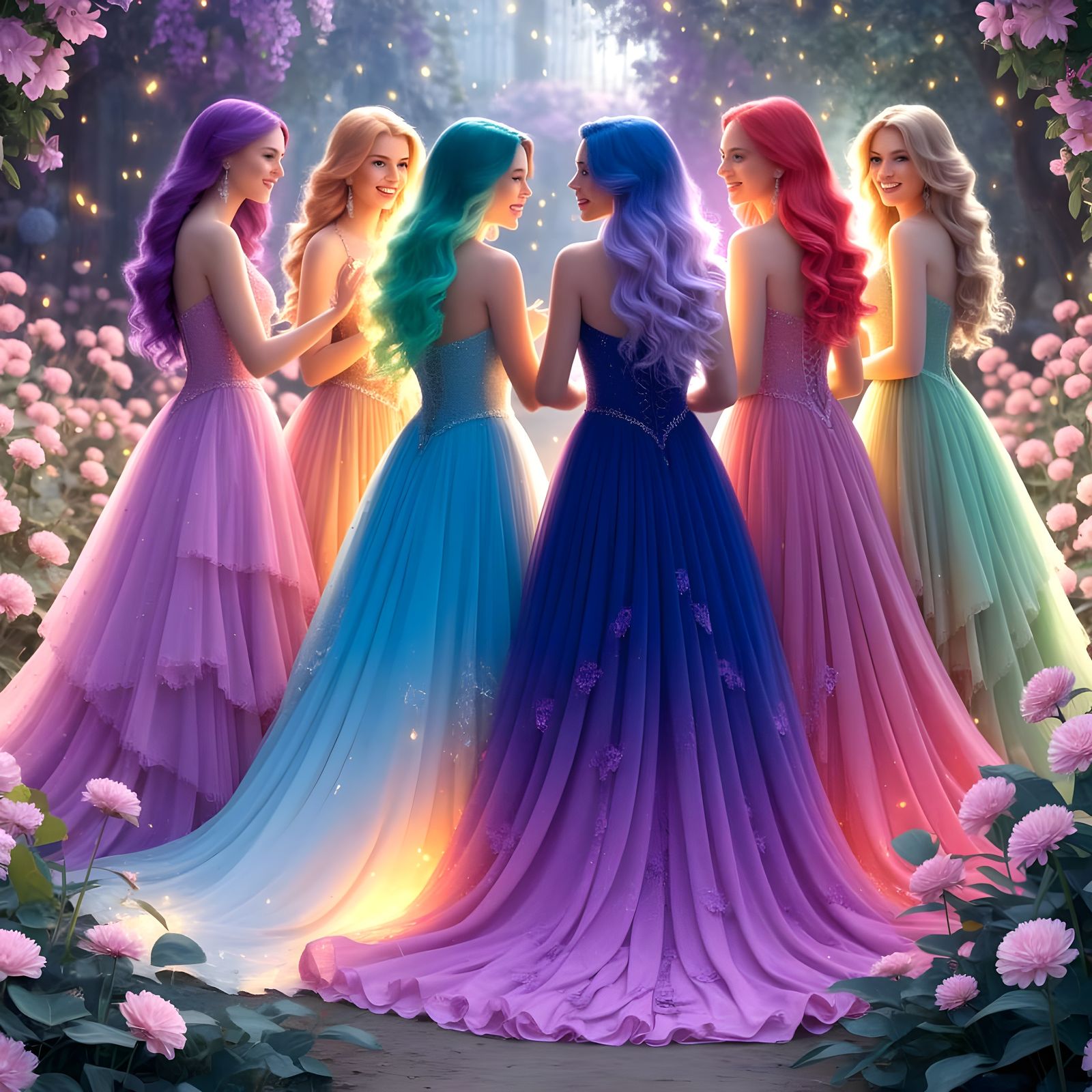 Ethereal Gathering in Firefly Garden, Art Nouveau Style