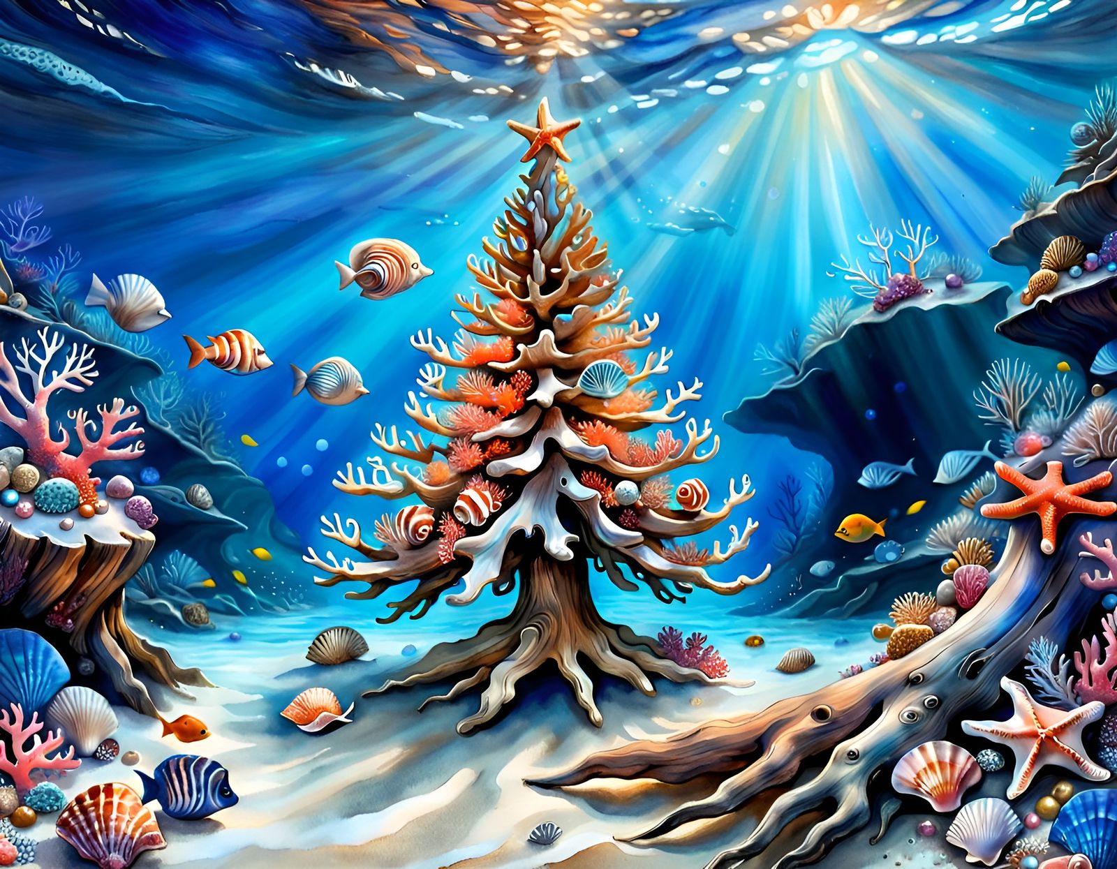 Vibrant Underwater Christmas Scene in Watercolor Style