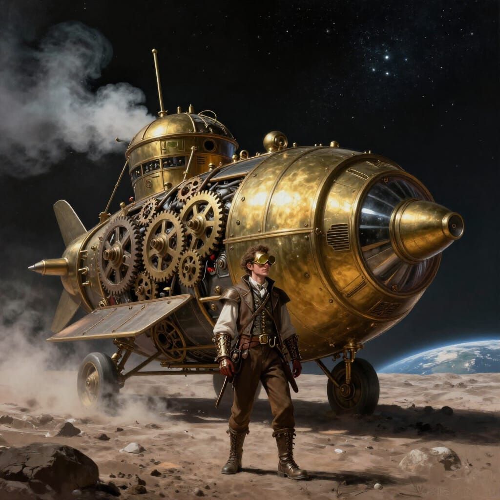 Steampunk Rocketship on the Moon in Digital Painting Style