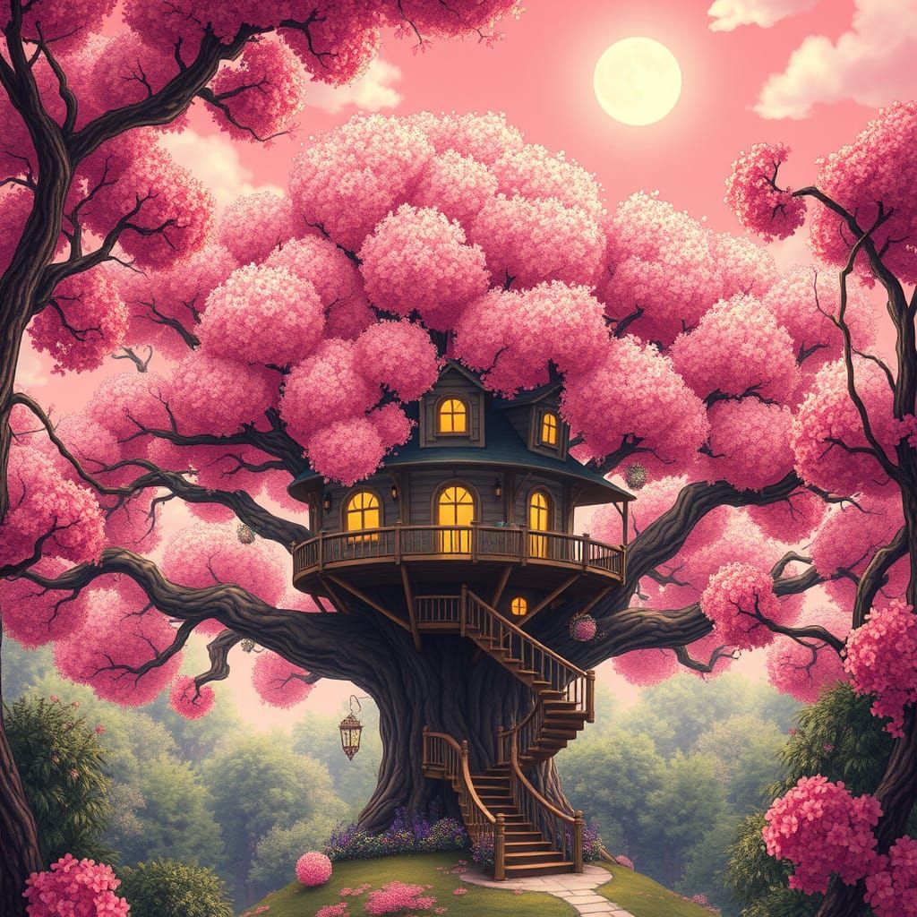 Pink Treehouse Under a Pink Moon, Miyazaki Style