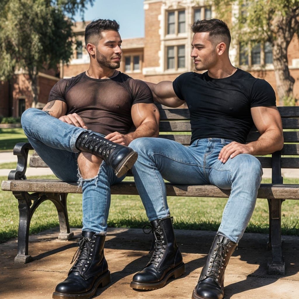 Gay couple sit on bench in an university park