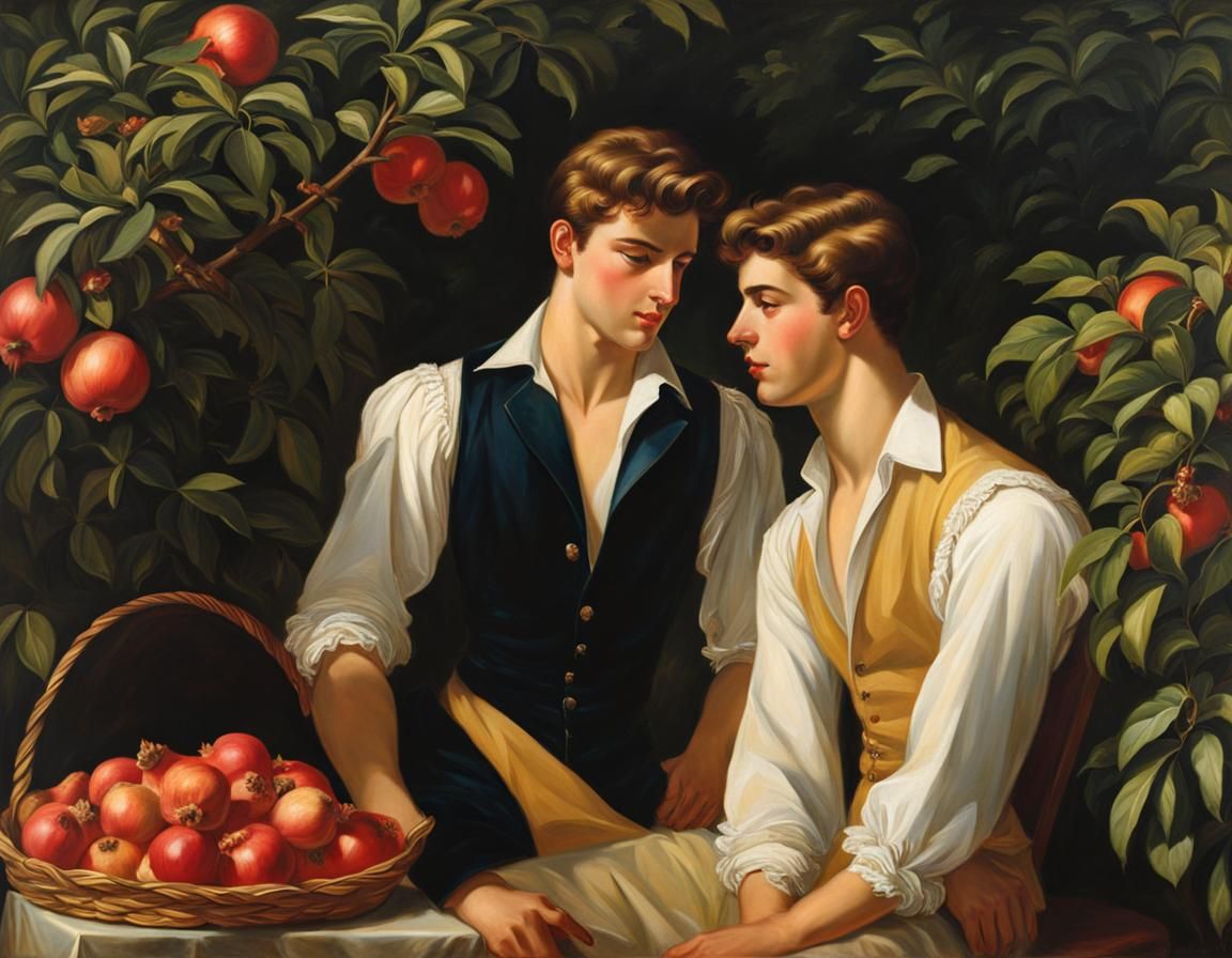 Ethereal Gay Couple in a Roberto Ferri-Inspired Garden Scene