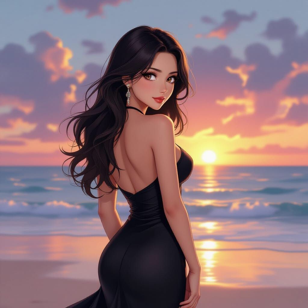 Anime Woman on Beach in Sorayama Style