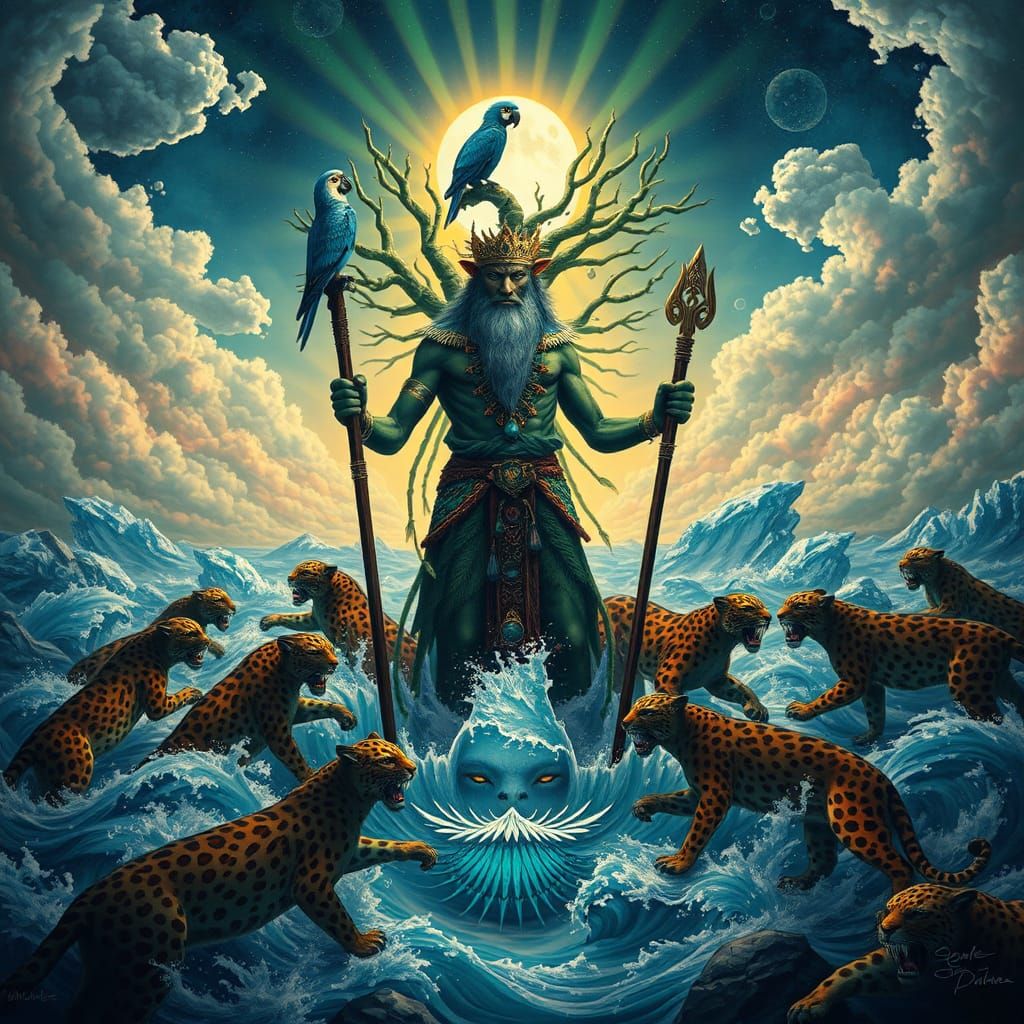 Celestial Leopard Shaman in Surreal Flood Scene