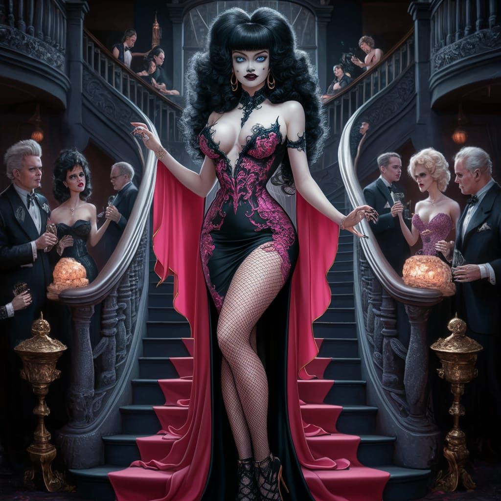 Gothic Woman in Silk Dress at Mansion Party