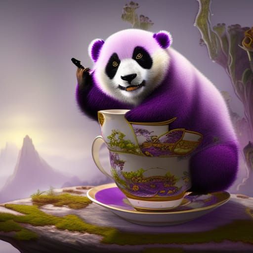 Purple Panda in Teacup: Detailed Matte Painting