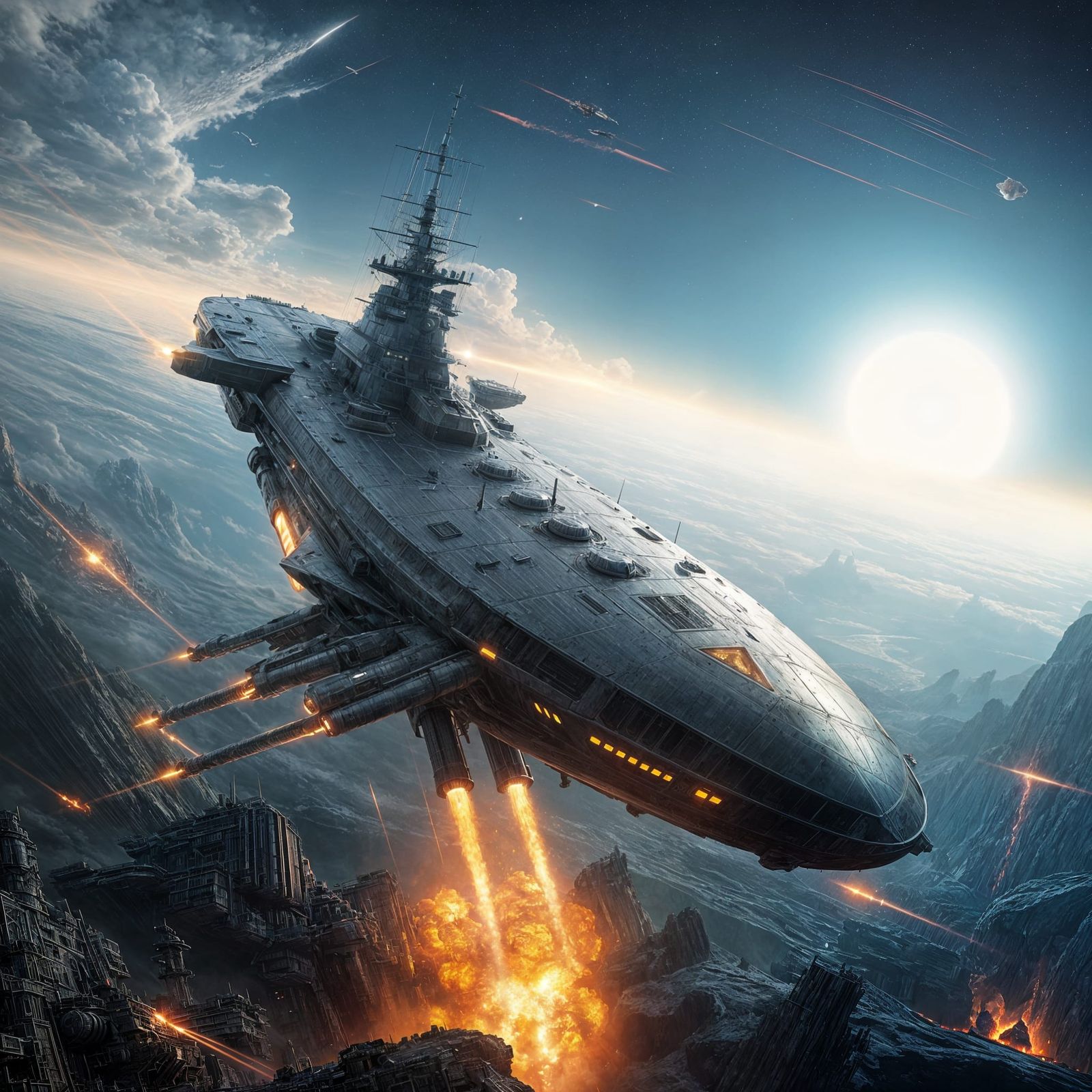 Colossal Battleship Enters Alien Planet Atmosphere