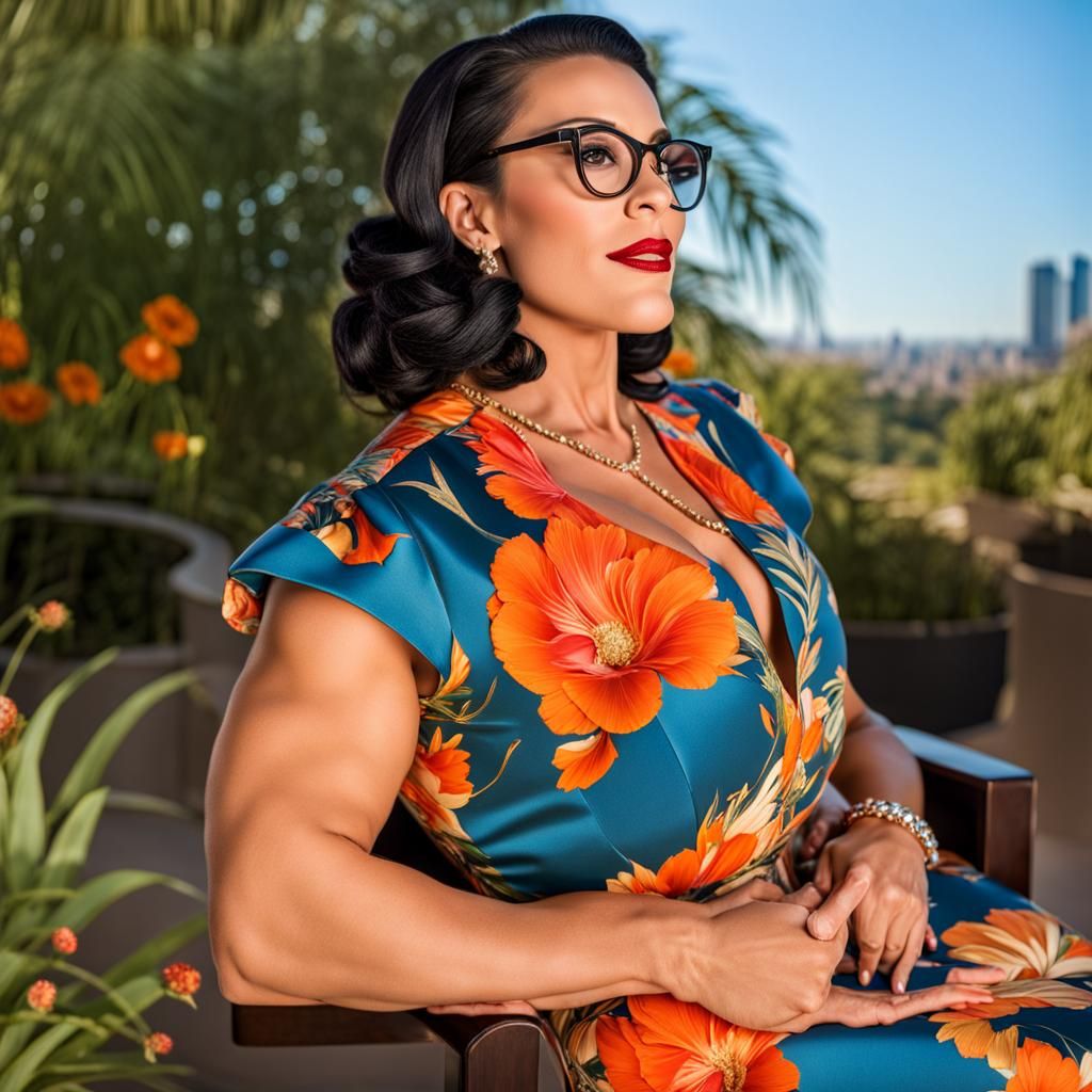 Muscular Woman Flexing in Opera Lobby Portrait