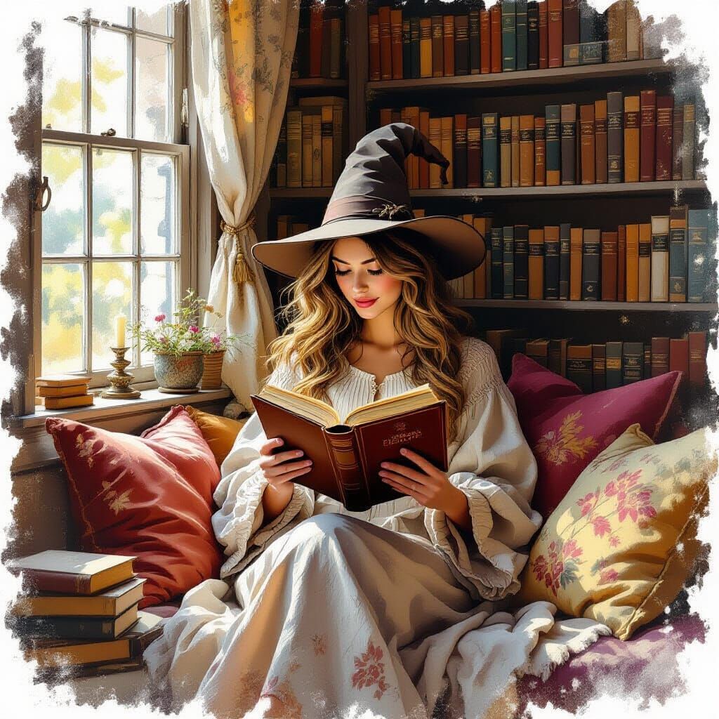 Whimsical Witch Reading in Cozy Nook, Monet Style