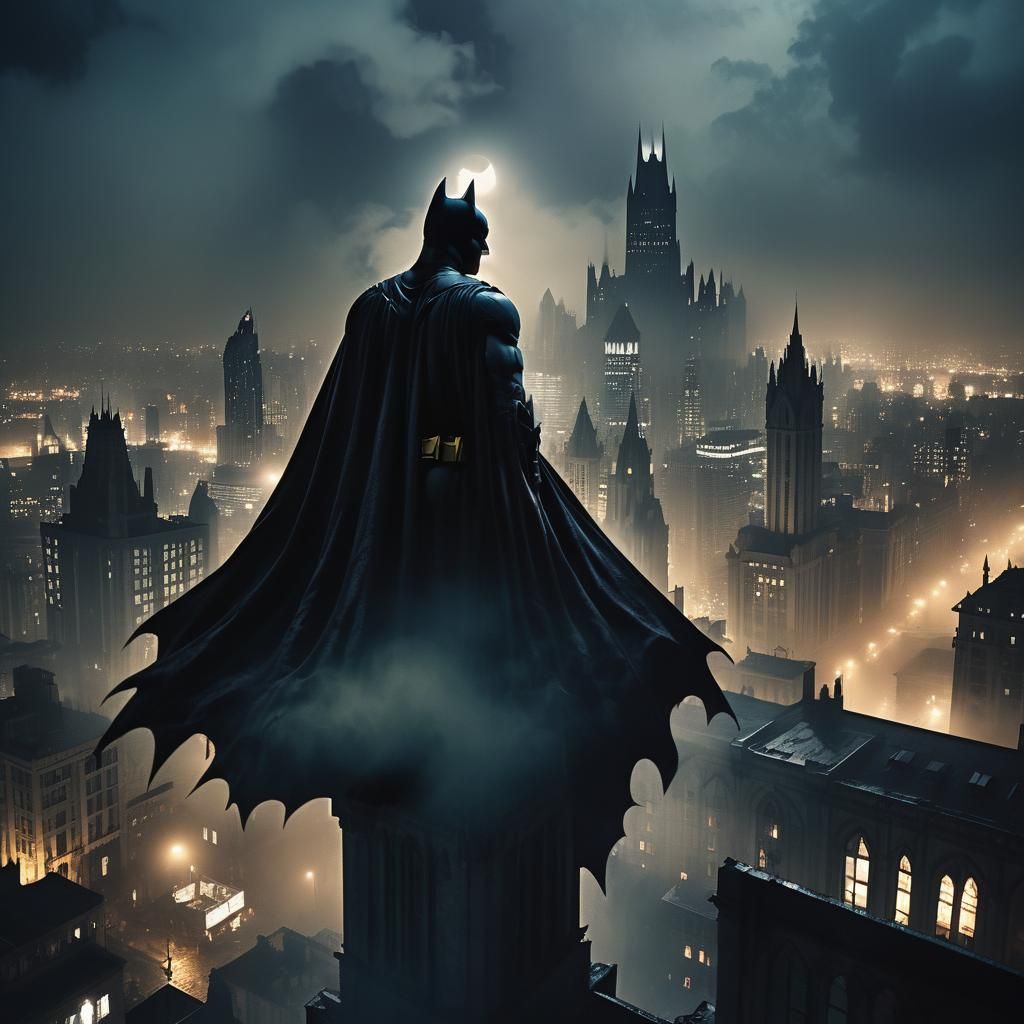 Batman on Gotham Skyscraper in Cinematic Style