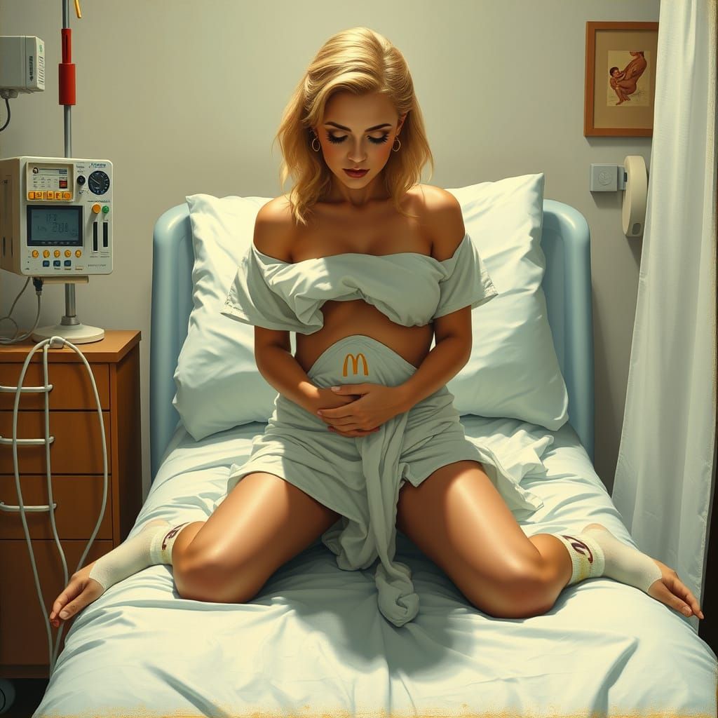 A Blonde Woman in Labor with Vivid Colors and Bold Lines