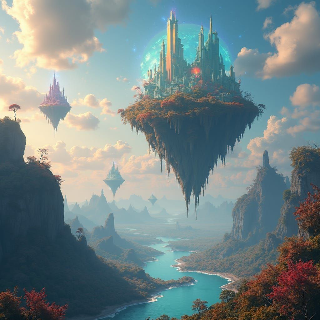 Dreamlike Surreal Landscape with Floating Islands and Upside...