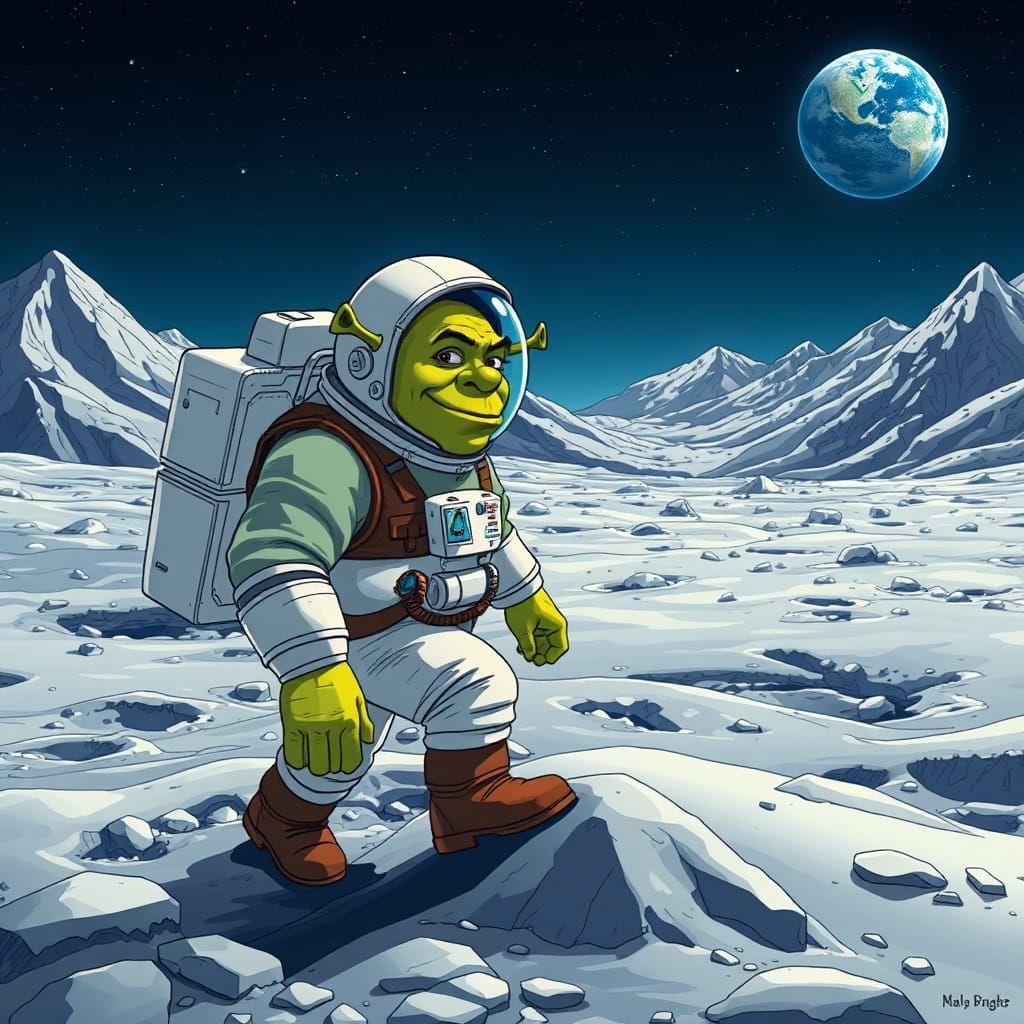 Shrek Takes First Step on Moon in Anime Style