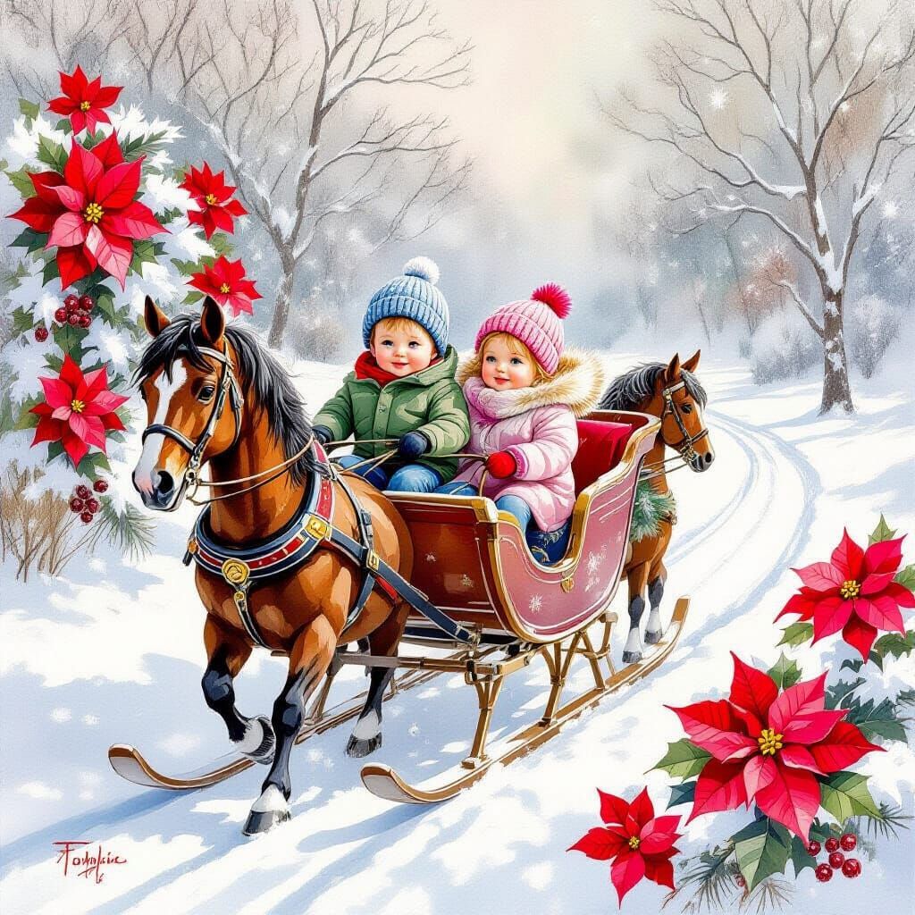 Ethereal Watercolour of Children in Sleigh with Poinsettias