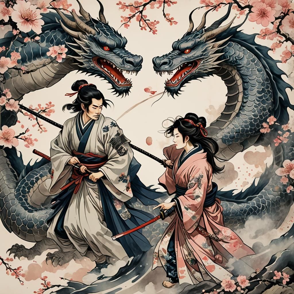 Samurai Couple Surrounded by Dragons in Ukiyo-e Style
