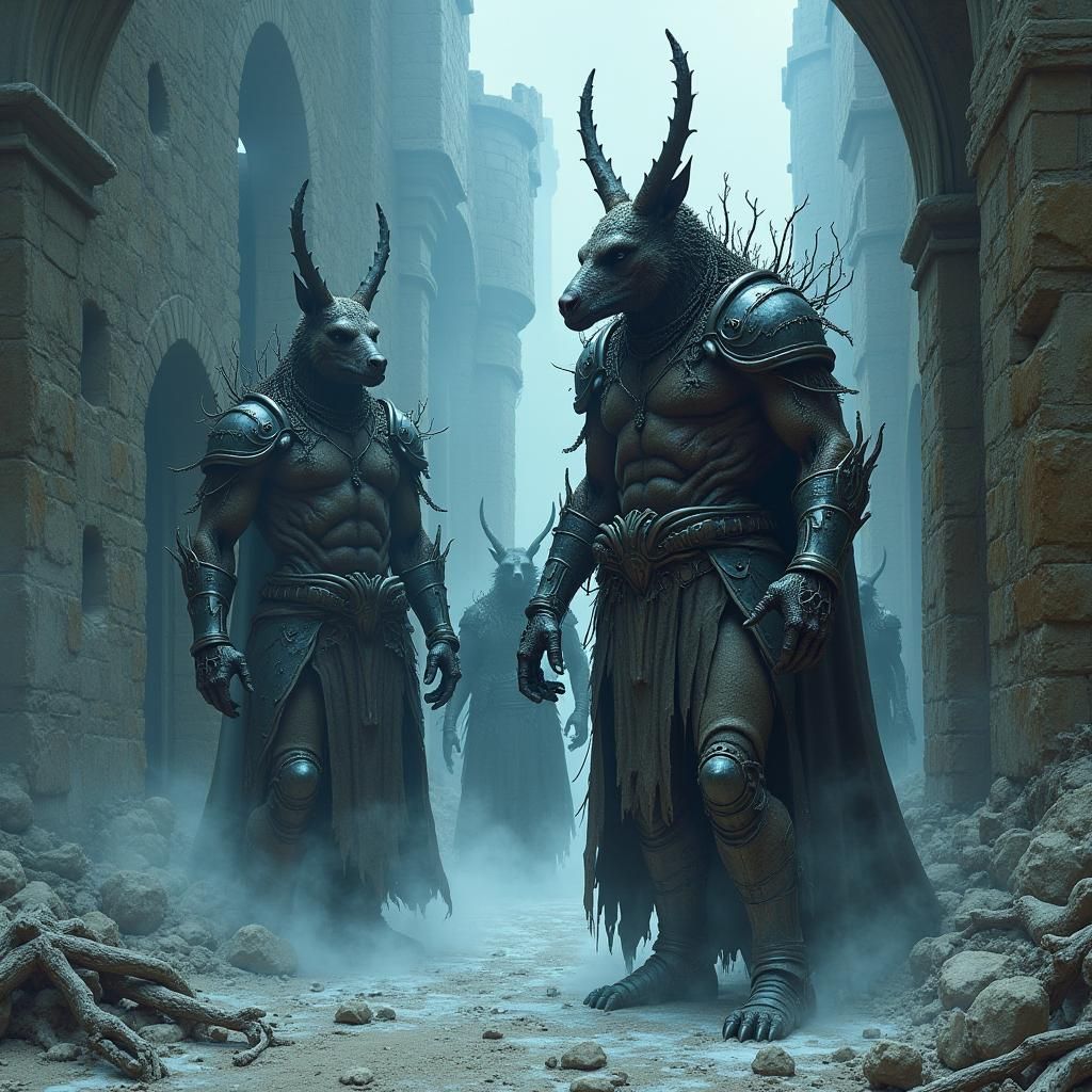 Dystopian Animal Barbarians in Ruined Fortress Etching