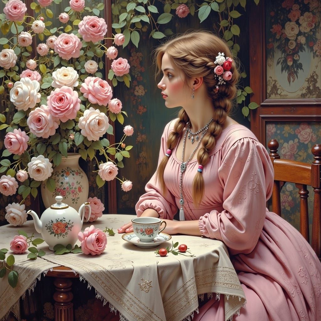 Woman in Rose Dress: Impressionistic Garden Scene