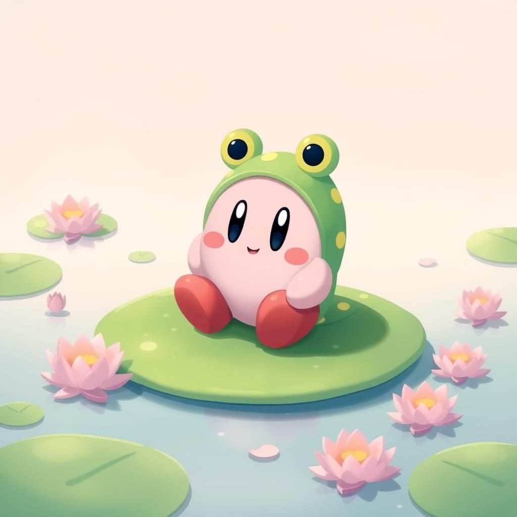 Whimsical Frog in Pastel Pond Landscape