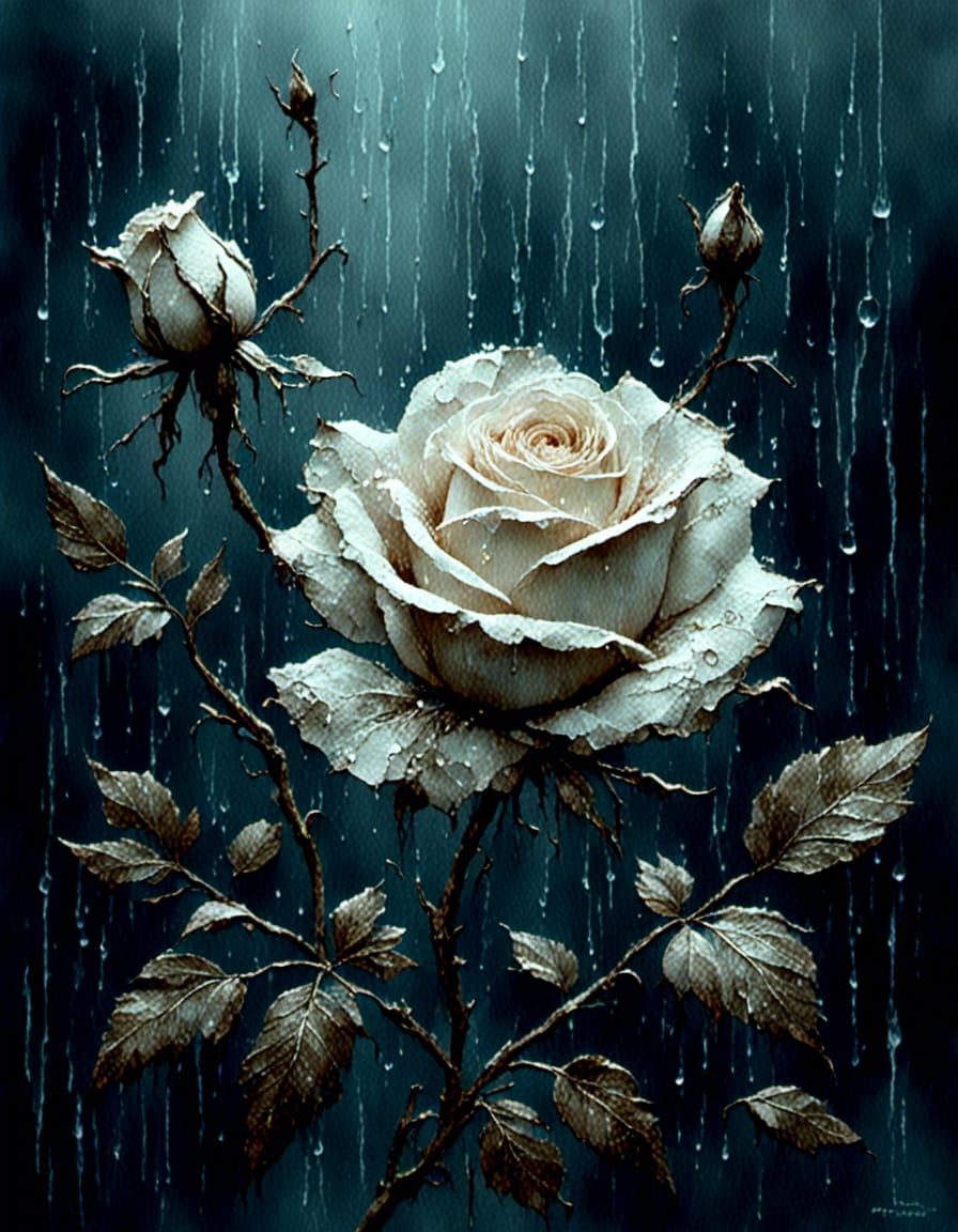 Single White Rose in Rainy Weather