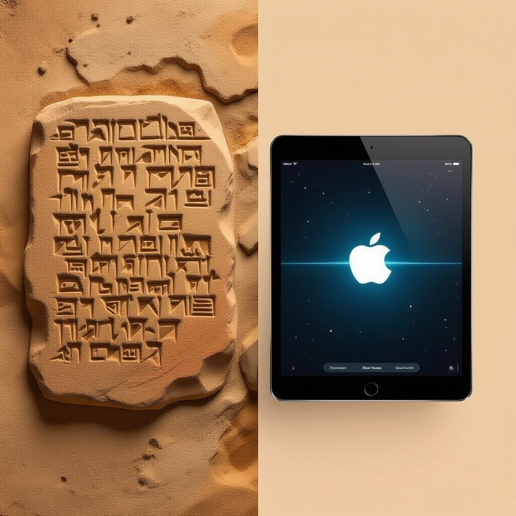 Ancient Clay Tablet Meets Modern iPad in Split Composition