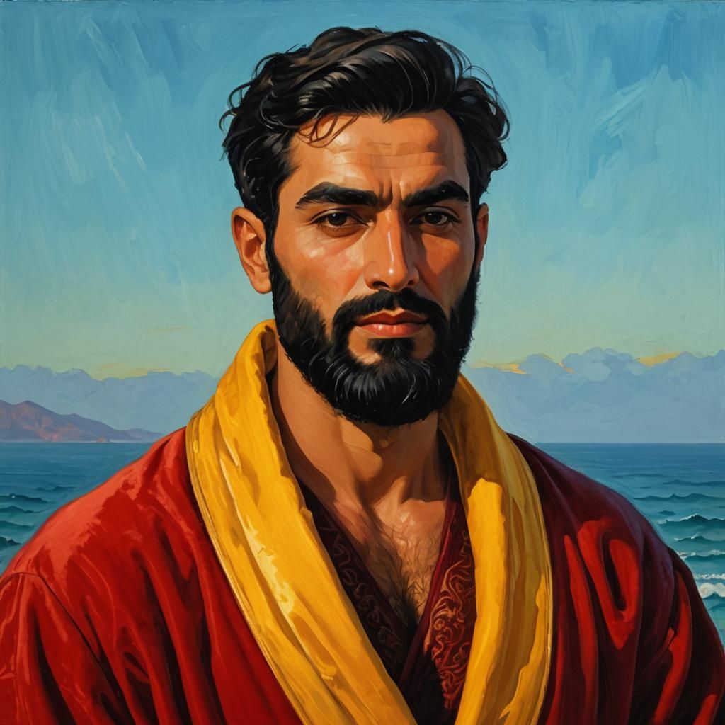 Iranian Man in Red Robe, Neo-Impressionist Oil Painting