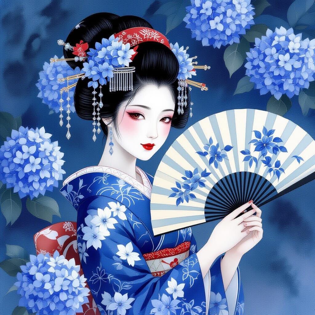 Ethereal Geisha in Blue Hydrangeas Watercolor Painting