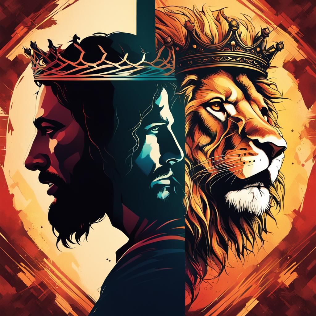 Jesus Christ and Lion Silhouette in Splash Art Style